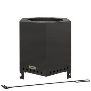 Braseiro de mesa sem fumo em metal preto com atiçador, sistema de combustão secundária, ideal para jardim e terraço